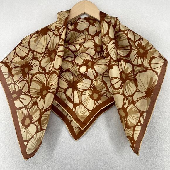 Vintage Scarf Silk Hand Rolled Floral Bandana Square Brown 31" x 30" - Picture 2 of 13